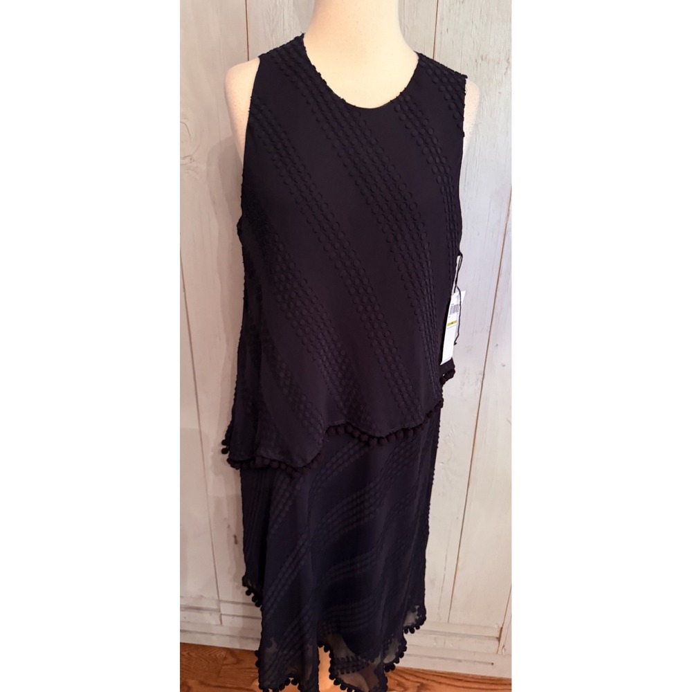 London Times Navy Blue Pom Pom Sheer Overlay Polka Dot Dress Sz-14 NWT's‎